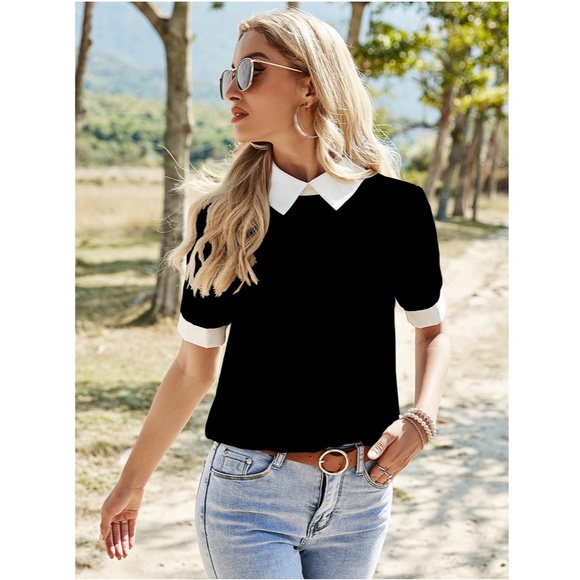 Black Blouse Shirt White Collar - Picture 5 of 12